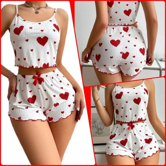 Women’s Sweetheart Crop Casual Pajama Short Set Size Medium - Picture 1 of 16